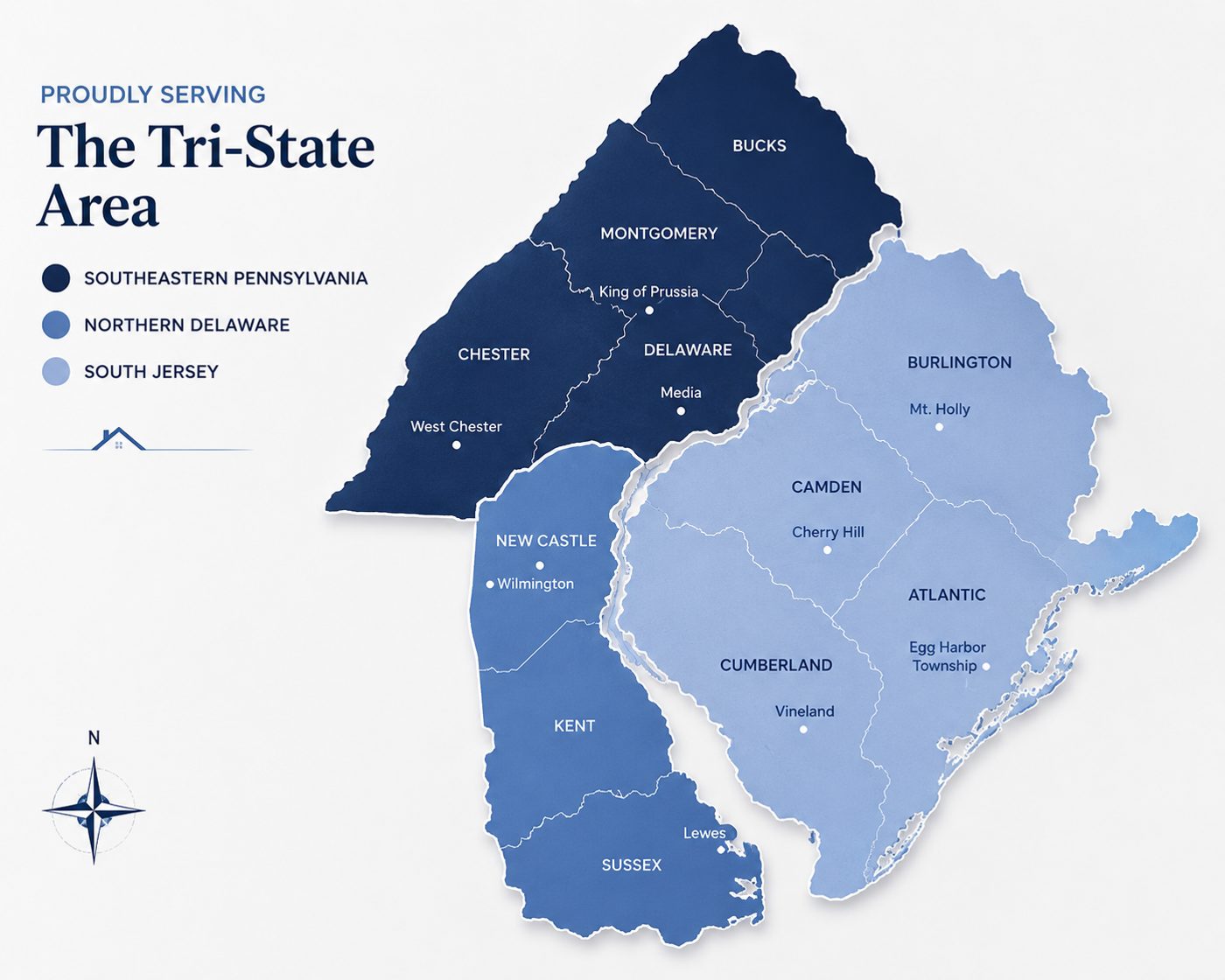 Map of the tri-state area Daley Roofing & Construction serves: Southeastern Pennsylvania, Northern Delaware, and South Jersey